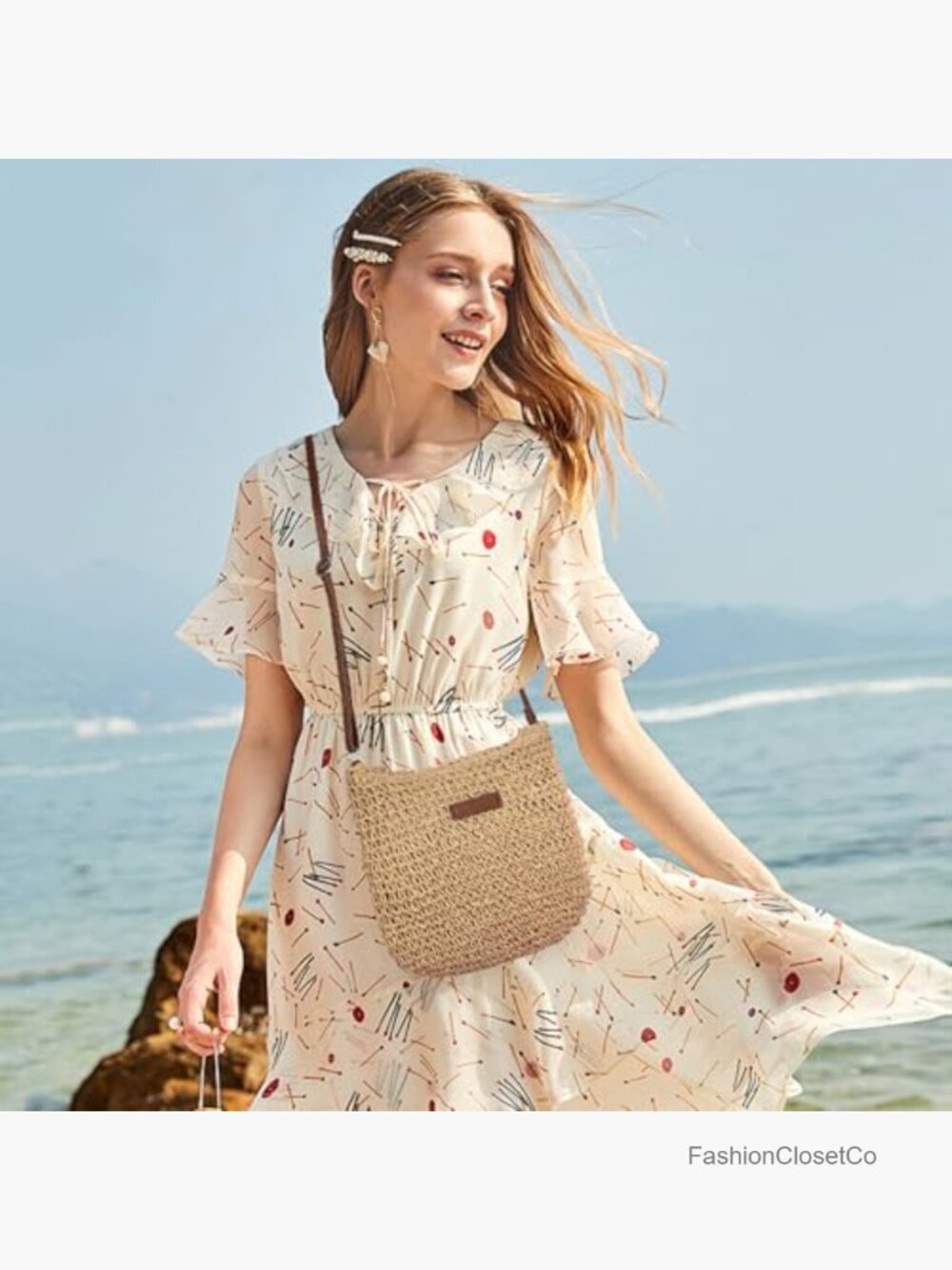 Straw Beach Bag Small Woven Crossbody Summer Mesh Hollow Purse Shoulder Bag - Picture 2 of 7